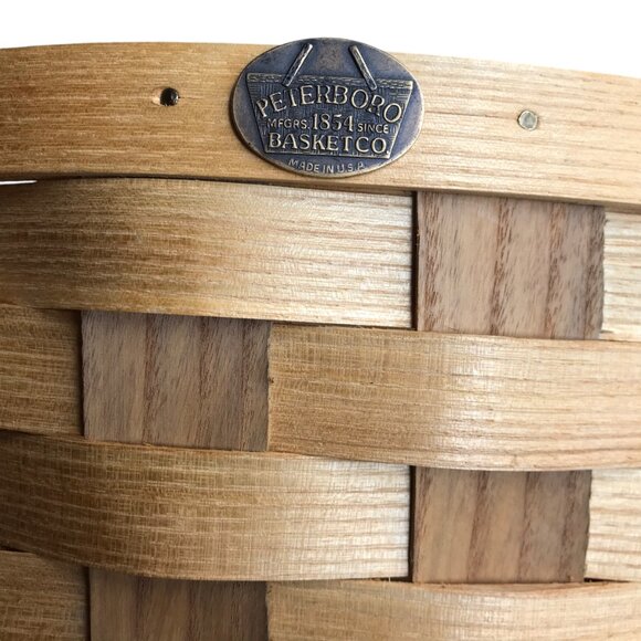 Large Handmade PETERBORO BASKET CO Amish Basket, Wood w/ Leather Braided Handles - Picture 2 of 13
